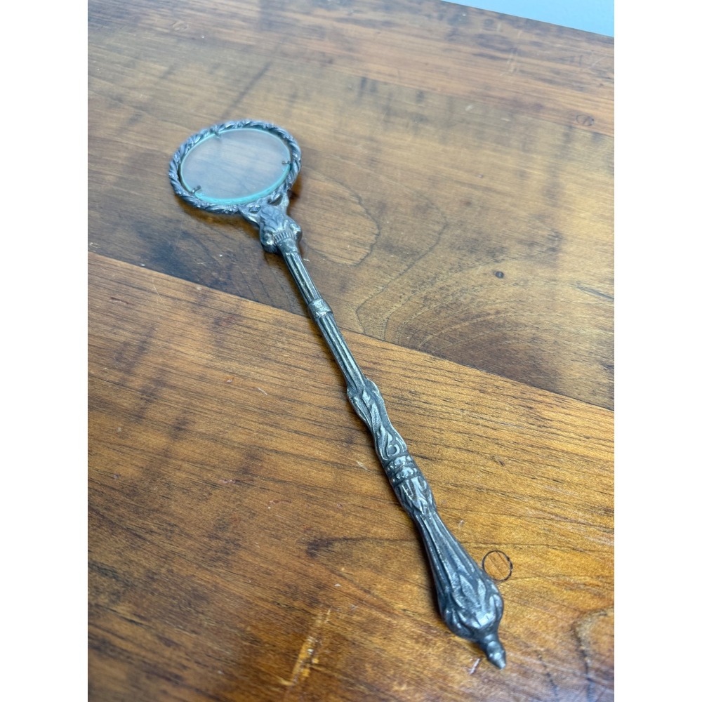 Vintage Ornate Long Handle Magnifying Glass Silver Tone Floral Scrollwork 9.5"